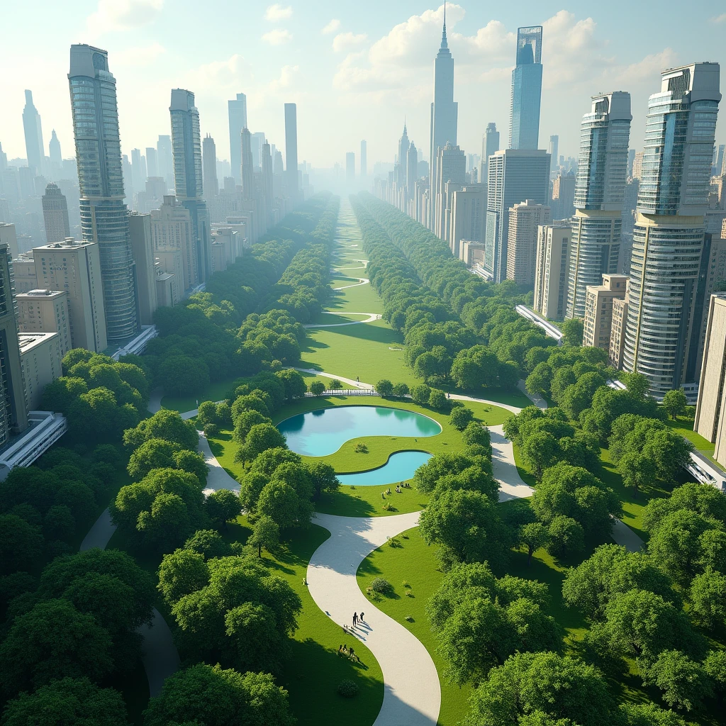 A render of a central park, surrounded by future constructions, of realistic image