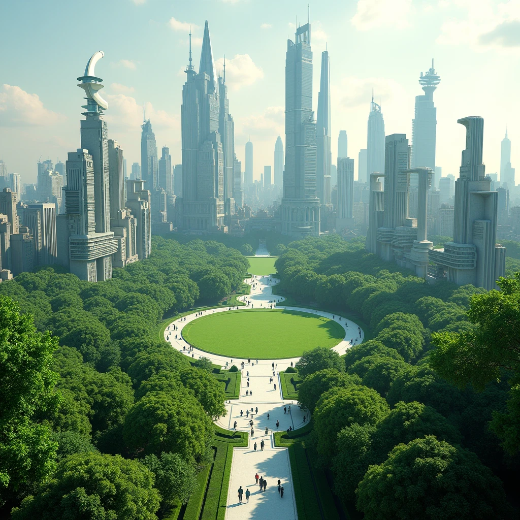 A render of a central park, surrounded by future constructions, of realistic image