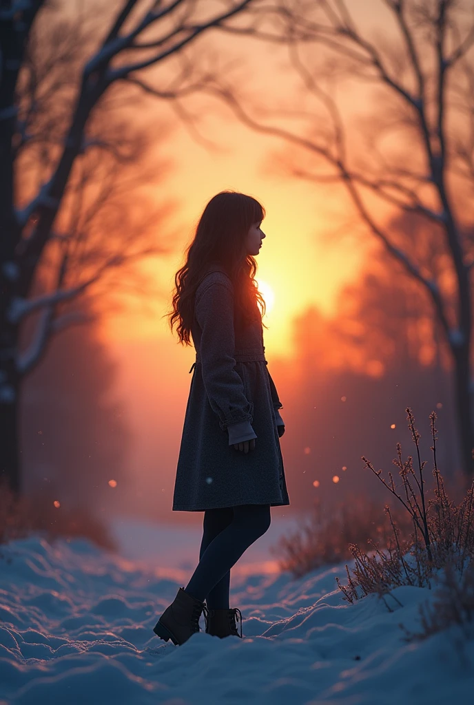 Silouhette d'une adolescente sous la neige au coucher de soleil, photographie