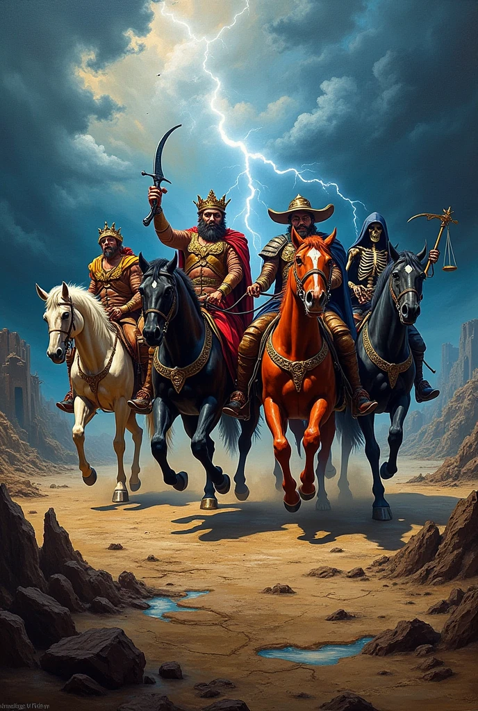 a dramatic and intense painting of the (((Four))) Horsemen of the Apocalypse. Each horseman should be distinct, representing Conquest, War, Famine, and Death, riding their respective horses through a stormy, dark landscape. The scene should evoke a sense of impending doom and chaos, with vivid colors and dynamic composition