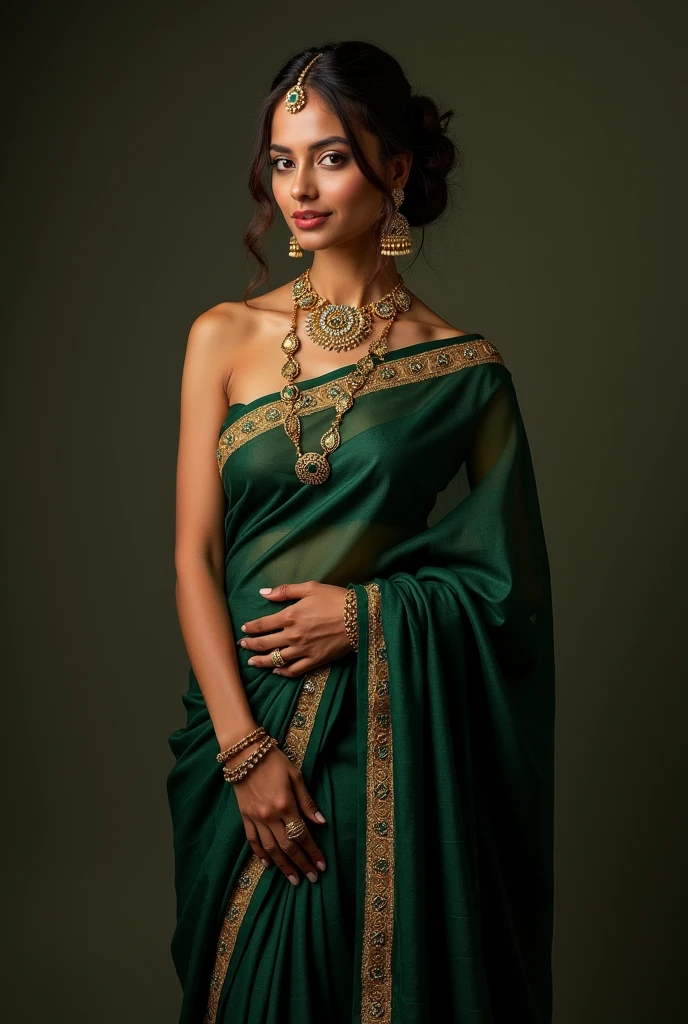 dark green saree, sexy Indian women,, saree less, navel, big tits, (wearing precious jewelry