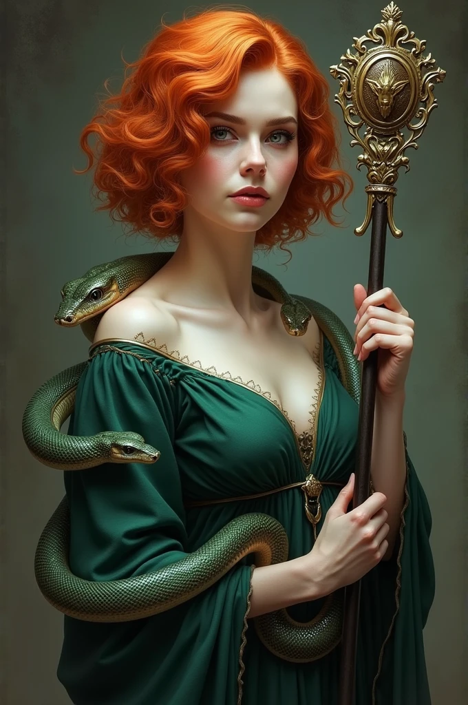 red-haired woman,getting ready at a dressing table with snake-patterned notes,with towel on hair and body