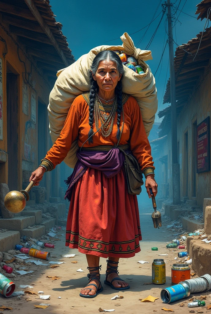 Adult grandmother in an Aymara skirt with two braids, head on, and with recycling tools on a dangerous street at night in Bolivia full of nightclubs collecting recyclable material carrying a huge bag on their backs wrapped in a sack with typical designs full of the same (Bottles, cans, papers) uses a semi-realistic watercolor illustration style 