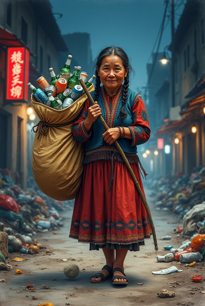 Adult grandmother in an Aymara skirt with two braids, head on, and with recycling tools on a dangerous street at night in Bolivia full of nightclubs collecting recyclable material carrying a huge bag on their backs wrapped in a sack with typical designs full of the same (Bottles, cans, papers) uses a semi-realistic watercolor illustration style