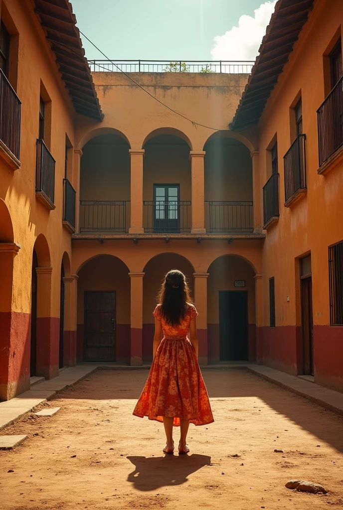 A Paraguayan Zarzuela that is about Maria in the setting of a school with brown walls and a roof and the front that is like an open one 
