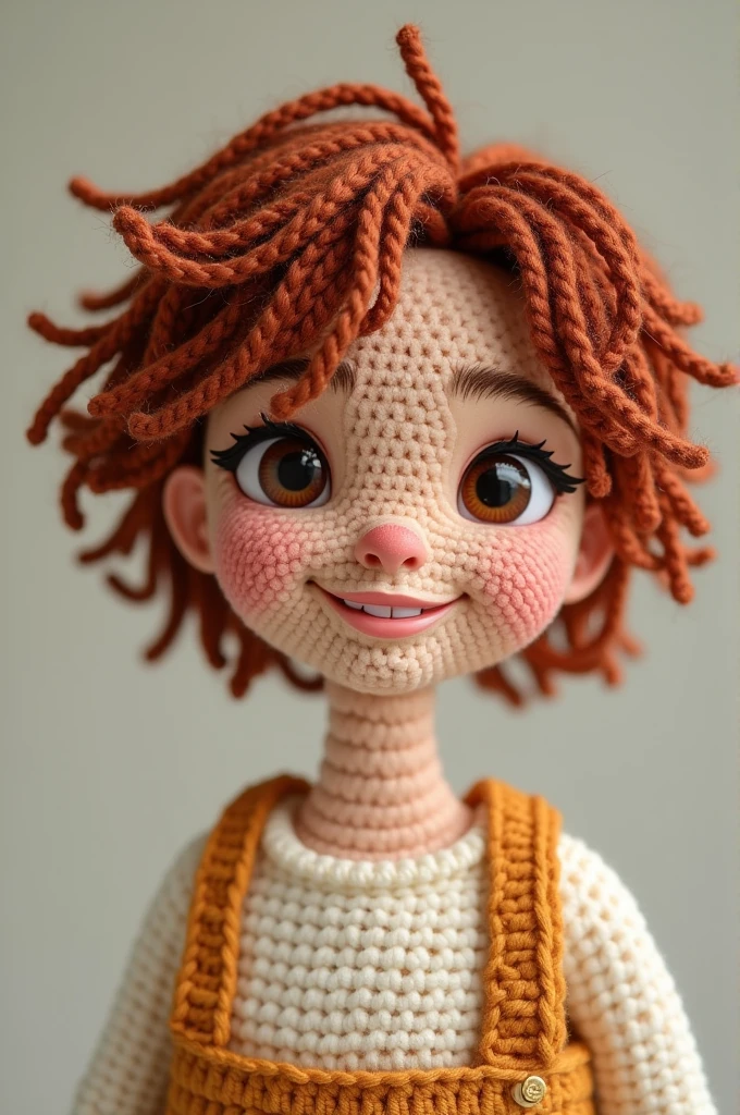 Create a crochet girl with short hair and happy
