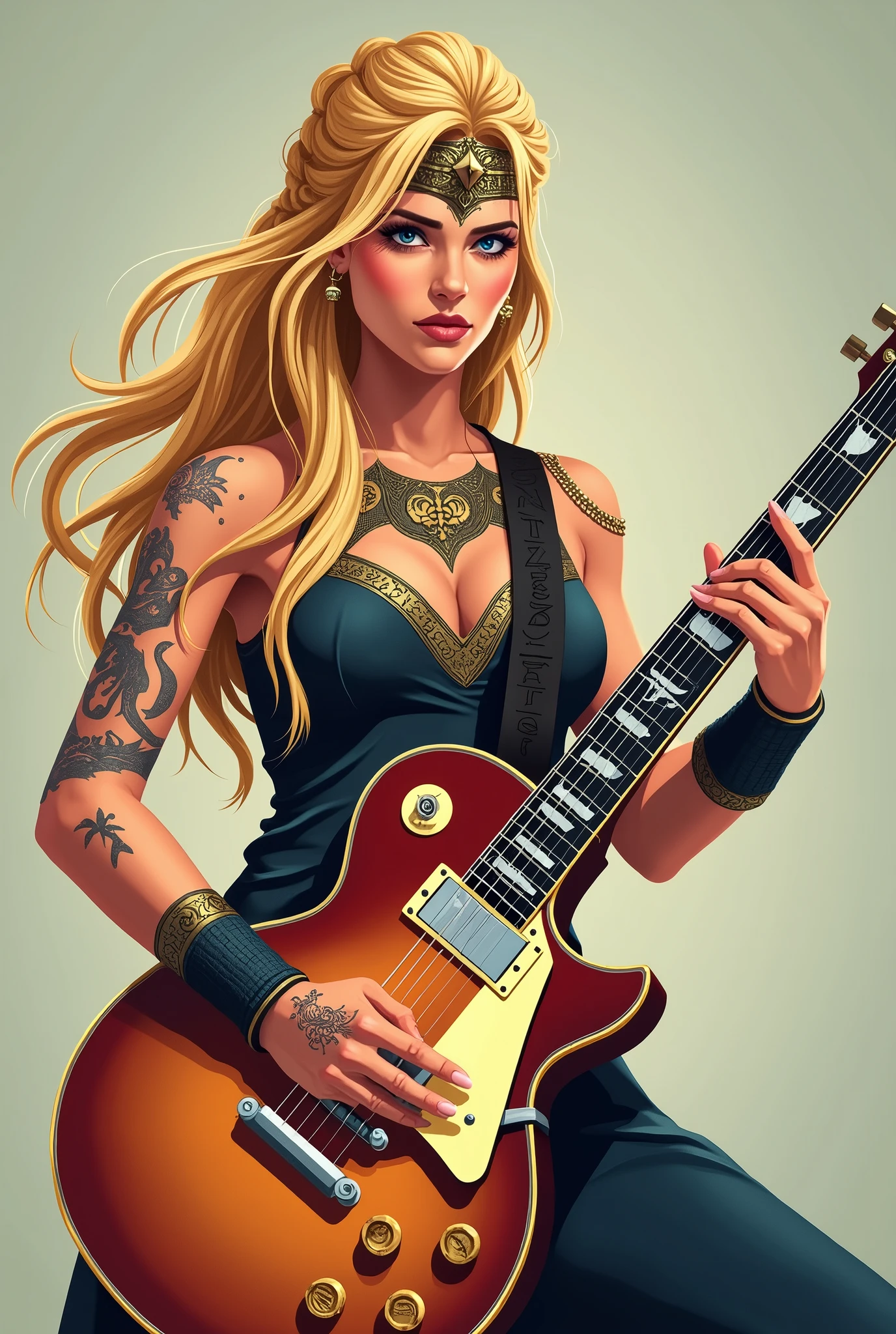 flat vector of a sexy busty viking lady, she is blond. her hair is braided. She has subtle viking tatoos. she is playing a gibson les paul which is engraved with viking runes.