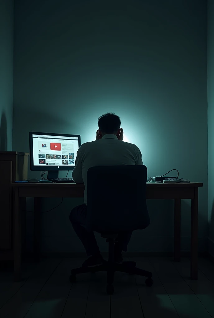 a guy sitting on a chair face down with his hand on his face at a table in a dark room with youtube open on the monitor