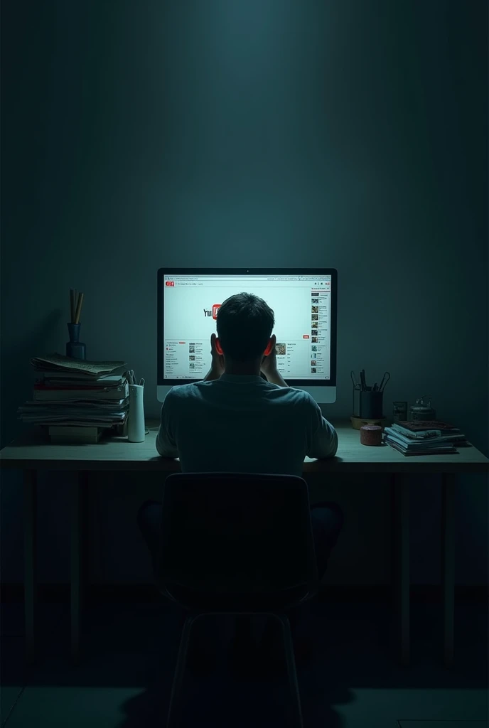 a guy sitting on a chair face down with his hand on his face at a table in a dark room with youtube open on the monitor