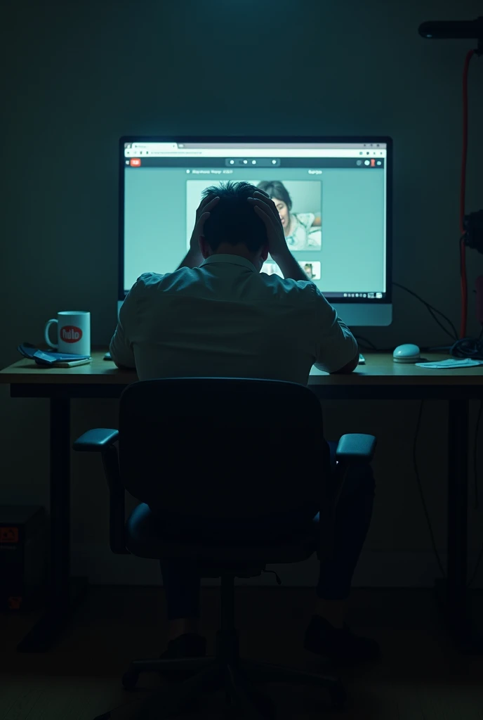 a guy sitting on a chair face down with his hand on his face at a table in a dark room with youtube open on the monitor
