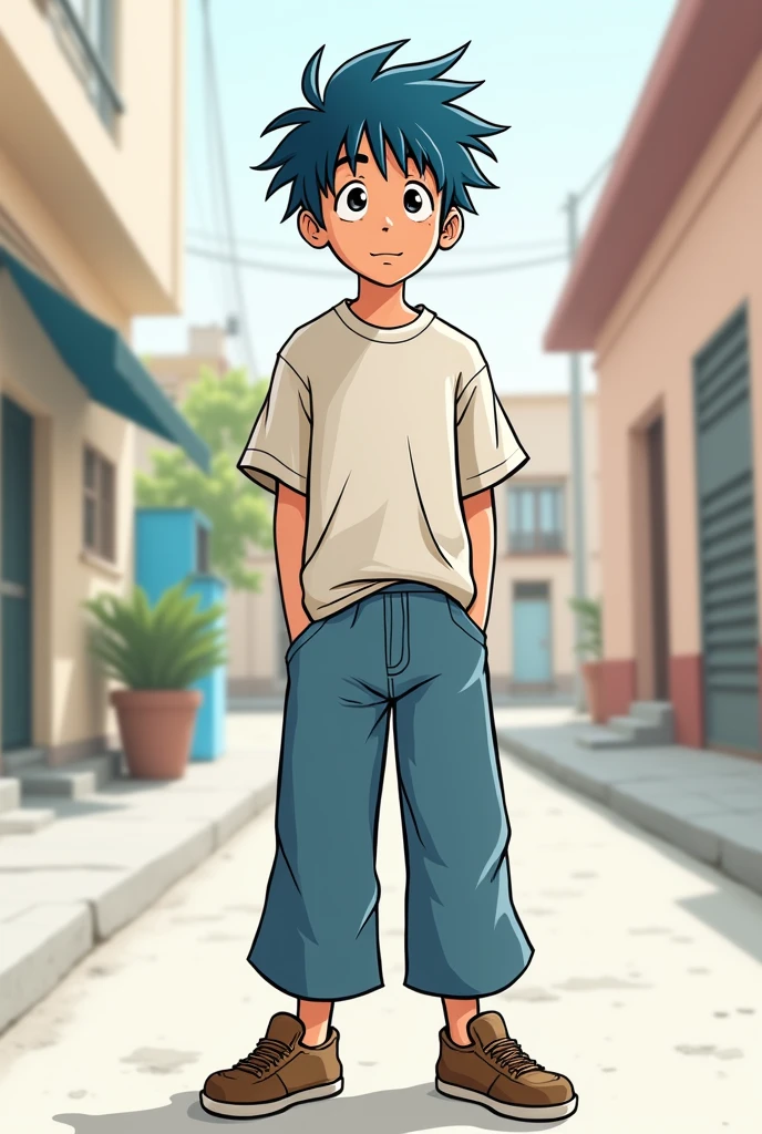 "Draw a 13-year-old Argentinian ager, with messy blue hair, with a height of approximately 1.70 meters. He wears a loose shirt and wide pants., with a simple and relaxed style. His facial expression is calm and somewhat carefree., reflecting the typical teenattitude. He is standing in a relaxed posture, slightly hunched. The environment is simple, as if I were in a lower middle class Argentine neighborhood, with minimal details in the background to keep the focus on the character. The drawing style is simple and cartoonish., with black lines and flat colors."