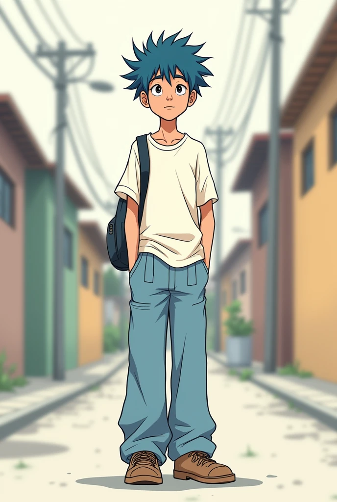 "Draw a -yeld Artinian teenager, with messy blue hair, with a height of approximately 1.70 meters. He wears a loose shirt and wide pants., with a simple and relaxed style. His facial expression is calm and somewhat carefree., reflecting the typical teenage attitude. He is standing in a relaxed posture, slightly hunched. The environment is simple, as if I were in a lower middle class Argentine neighborhood, with minimal details in the background to keep the focus on the character. The drawing style is simple and cartoonish., with black lines and flat colors."

