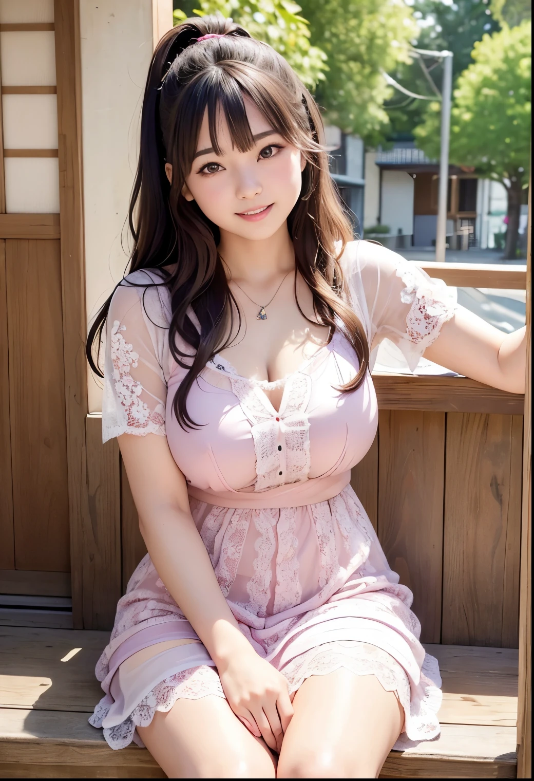 (Highest quality,masterpiece:1.3,Ultra-high resolution),(Very detailed、Caustics) (Realistic:1.4, RAW shooting、)Ultra-Realistic Capture、Very detailed、Natural skin texture、masterpiece、(A Japanese wearing a pink lace dress:1.3),、Adorable expression、Expressions of happiness、height: 145cm、Baby Face、Amazingly cuails、Straight hair、Scrunchie、Black Hair、Heavy makeup、necklace、G-cup busty、Shining thighs、Skin Arm、Background details、smile、An inviting gaze、Anatomically correct、Cowboy Shot、Attention to detail、Photographed on the main street of a summer resort、Sexy pose、
