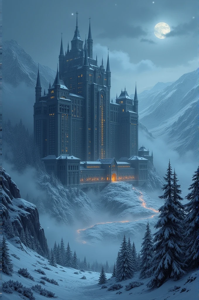 A very big hotel which is in the middle of snow mountains. It is night time, it is snowing and the atmosphere is very scary.