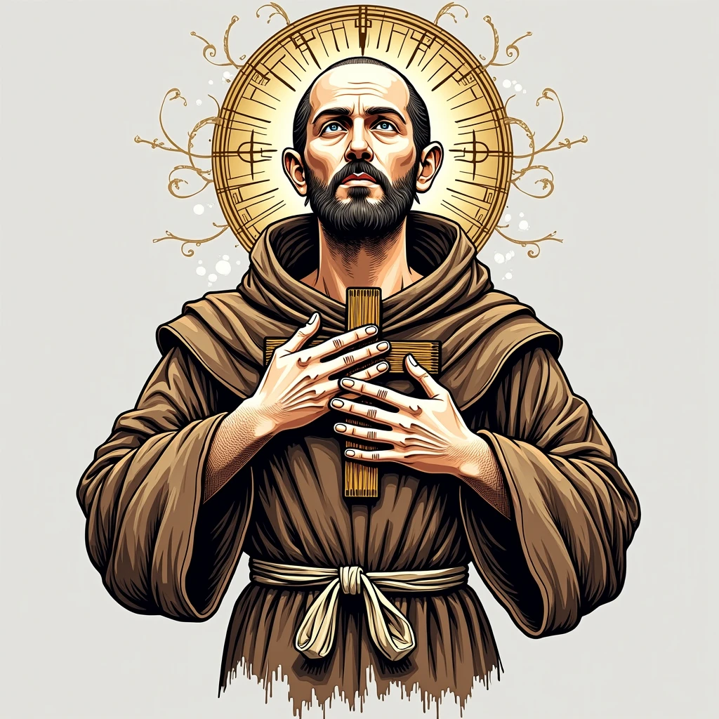 Create a high-quality image of Saint Francis of Assisi on a white backdrop by wearing a simple brown habit with a three-knotted rope belt. His hands display stigmata. He is portrayed in a moment of prayerful ecstasy, holding a small wooden cross. The background shows a serene landscape, reinforcing its message of simplicity and harmony with all living beings. Includes intricate golden details highlighting his aura and spiritual glow, with delicate golden details throughout the scene to enhance the divine connection generated image of Saint Francis of Assisi with golden details, white PNG background and no animals around. He is represented with a partially bald head, but still with hair on the sides, and on the right a small crucifix in a posture of devotion. (CARECA NO TOPO DA CABEÇA)