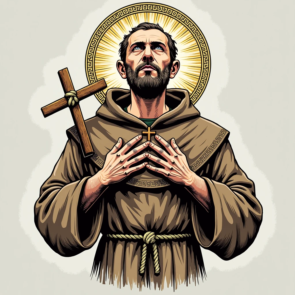 Create a high-quality image of Saint Francis of Assisi on a white backdrop by wearing a simple brown habit with a three-knotted rope belt. His hands display stigmata. He is portrayed in a moment of prayerful ecstasy, holding a small wooden cross. The background shows a serene landscape, reinforcing its message of simplicity and harmony with all living beings. Includes intricate golden details highlighting his aura and spiritual glow, with delicate golden details throughout the scene to enhance the divine connection generated image of Saint Francis of Assisi with golden details, white PNG background and no animals around. He is represented with a partially bald head, but still with hair on the sides, and on the right a small crucifix in a posture of devotion. (CARECA NO TOPO DA CABEÇA)