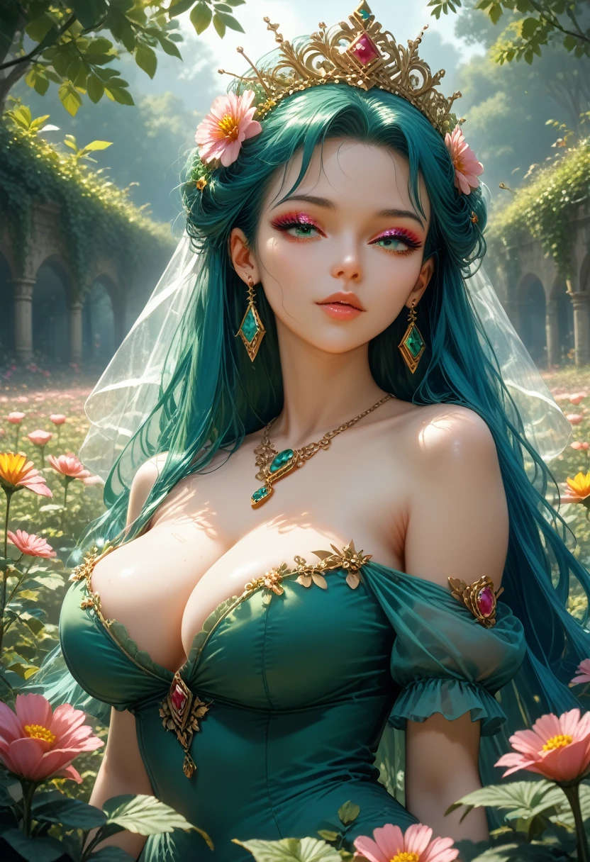 score_9, score_8_up,score_7_up, masterpiece, best quality, perfect anatomy, very aesthetic, official art, 8k, 1 girl, lush breasts, Beautiful Stylish Outfit, sexy, Sends a Kiss, Leaning towards the Spectator, winks, In the background is the sun, green grass and flowers, Beautiful Colors, bright colors, Clear drawing, masterpiece, Shine, beauty, elegance, makeup, temptation, full detailed, novuschroma70 style