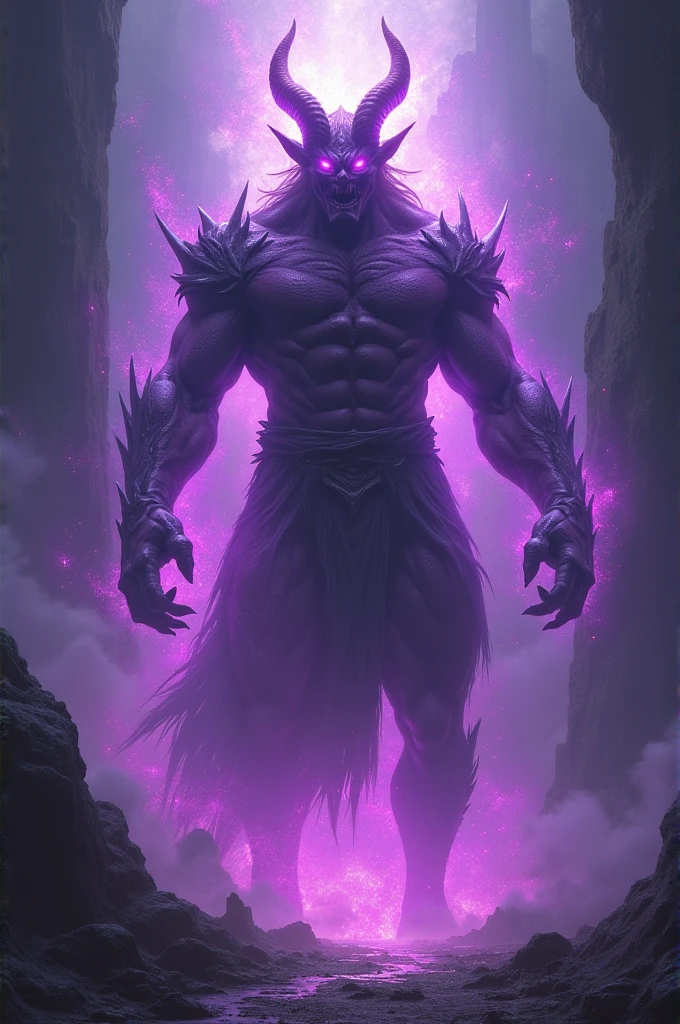 "A jinn with the head of a goat, having sharp horns and fierce eyes. The body is covered in scales with a dark lilac color, giving off an eerie glow. The jinn's limbs are muscular, and its fingers end in sharp claws. It wears a tattered robe that flows with the wind, adding to its menacing appearance.