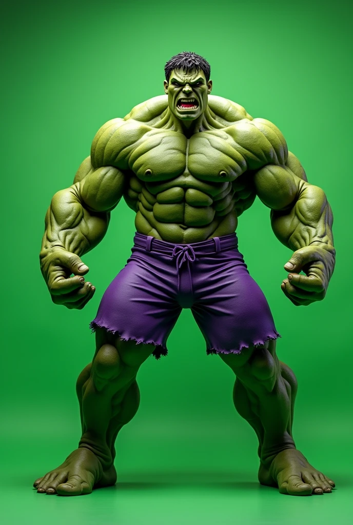 Create a realistic image of the hulk with the purple shorts, angry expression, fully body, put a green background