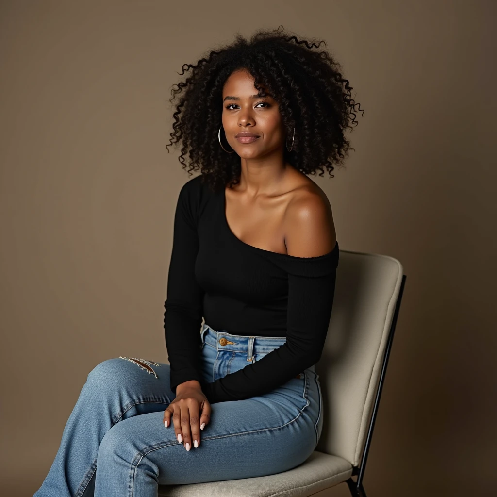 A woman wearing jeans and a black top sitting on a chair 