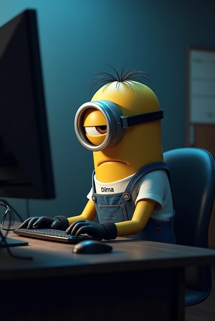 Minion from the cartoon "Despicable Me" who has it written on his T-shirt "Dima" sad while sitting at the computer