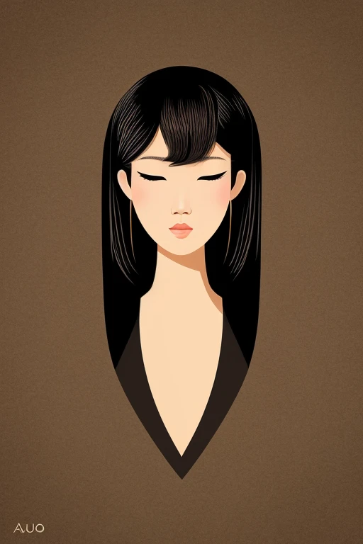 asian woman, illustration, 2d, black flat background, flat image, mysterious aura, face, flat face