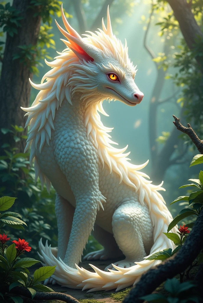 Full white female dragon with long hair and colorful eyes in jungle 