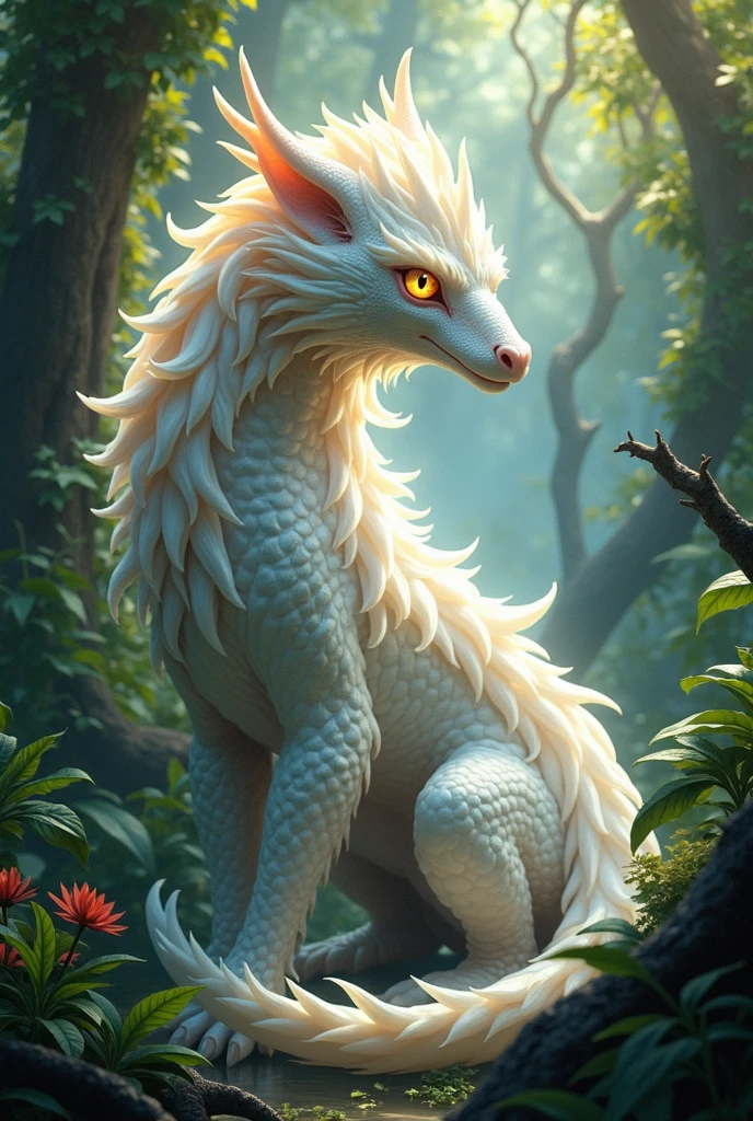Full white female dragon with long hair and colorful eyes in jungle 
