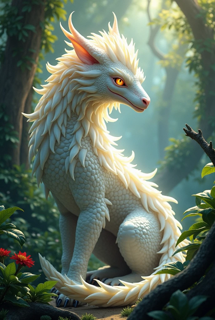 Full white female dragon with long hair and colorful eyes in jungle 