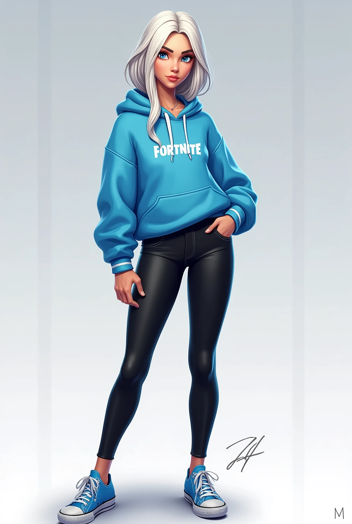 fortnite style girl with white hair blue eyes wearing allstar shoes blue sweatshirt sexy black leggings full body