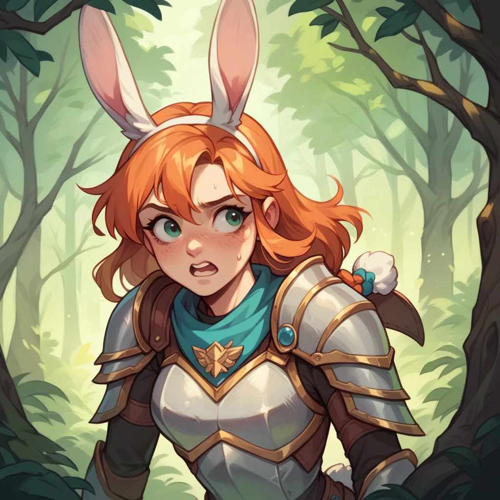 A  female bunny girl scout (white bunny ears) with armor on is sneaking in a forest. she has orange hair and looks more bunny than girl