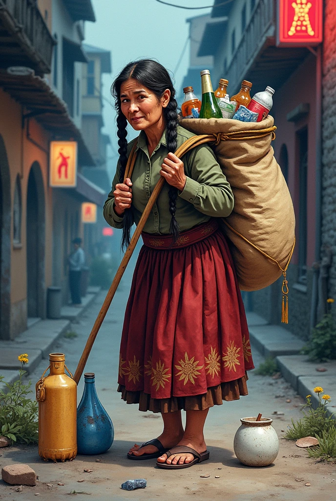 Adult grandmother in an Aymara skirt with two braids, head on, and with recycling tools on a dangerous street at night in Bolivia full of nightclubs collecting recyclable material carrying a huge bag on their backs wrapped in a sack with typical designs full of the same (Bottles, cans, papers) uses a watercolor illustration style