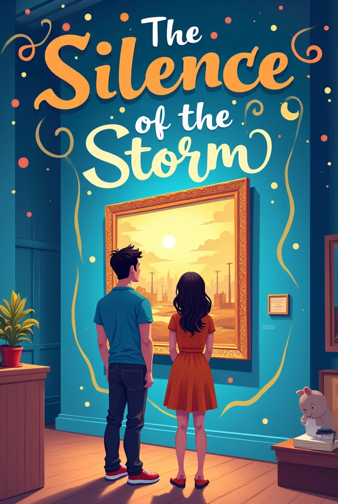I need a book cover with a woman and a man admiring a work of art in a museum and the cover says &quot;The Silence of the Storm&quot;. I don&#39;t want something too realistic, I want something more cartoonish.