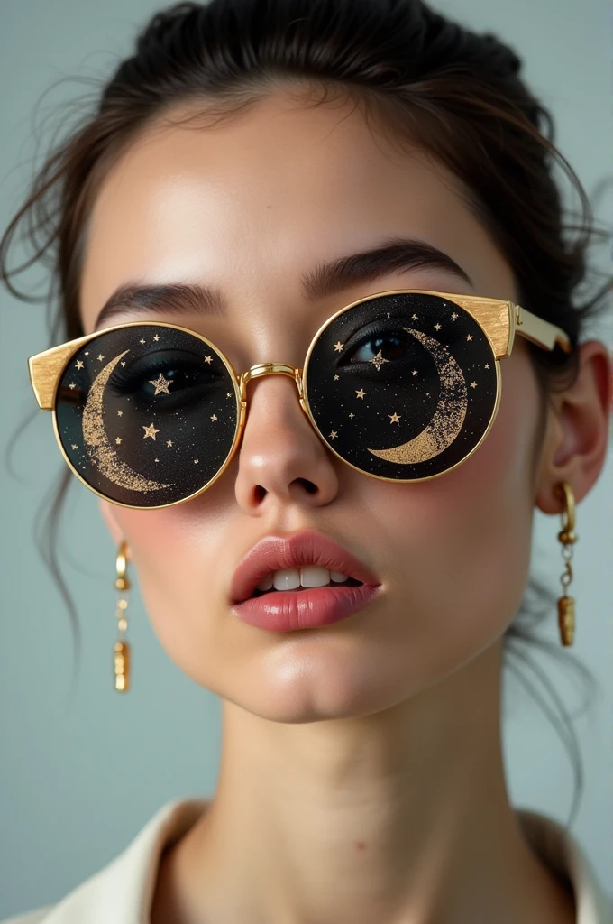 The model is wearing glass sunglasses with stars and the moon on the glass