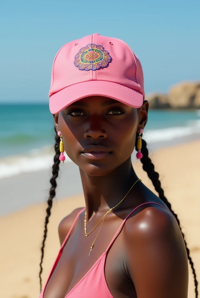 Baseball hat pink sea Senegal embroidered on the front side.