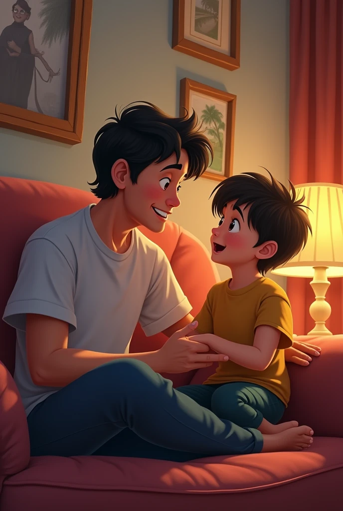 poster, type, Disney, from dad, hair, dark, son, talking, scenery, living room, House
