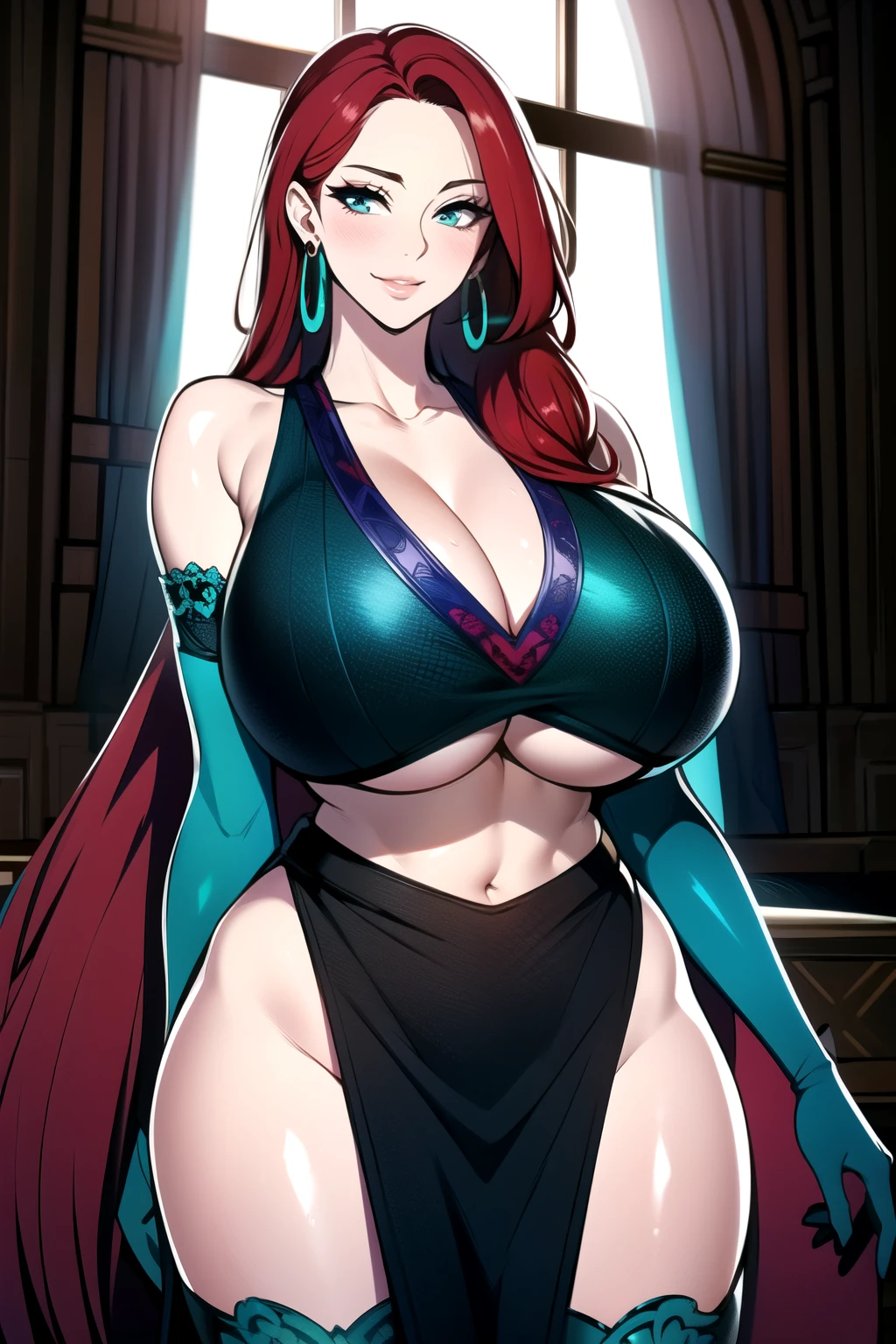 ultra realistic 8k cg, masterpiece, ((ultra detailed background, intricate detail, highly detailed, fine details best quality, hyperdetailed face)), gigantic breasts ,beautiful lighting, absurdres, BoaHancockV2, 1girl, solo, (red hair : 1.3), long hair, jewelry, closed mouth, ), cleavage, (arabian dancer outfit : 1.1), (underboob : 1.4), elbow gloves, thigh boots, bare shoulders,, bare shoulders, curvy, midriff, curvy, thighs, shiny clothes), turquoise eyes, complex detailed background, indoor, palace), ((cowboy shot)), curvy, (gigantic breasts: 1.1), seductive smile, cowboy shot, earrings, jewelry