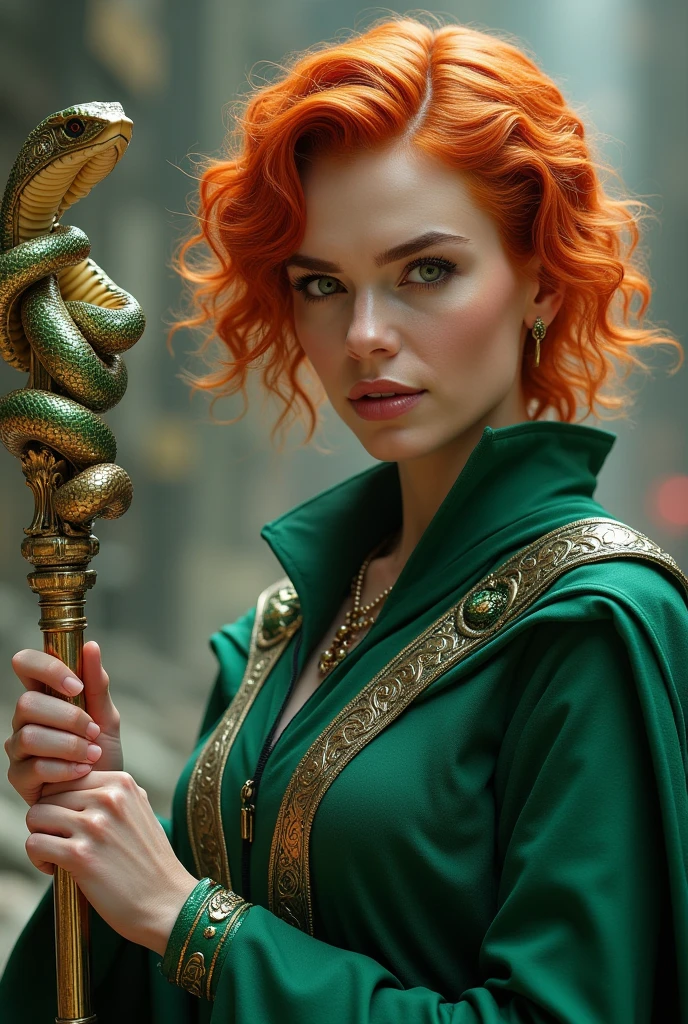 Loki variant woman with short orange-red curly hair, white skin holding a scepter and with a snake wrapped around the arm marvel style