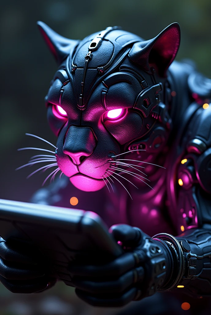 An electronic panther showing only its pink face using a tablet