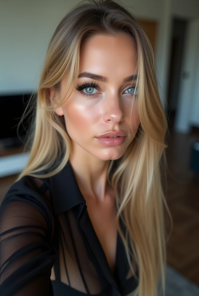 Selfie, Wink, cute babyface woman, attractive and seductive expression, Shy, blonde straight hair, forehead, the picture, blue eyes, Excellent body proportions, wears transparent shirt, tight-fitting leather trousers, high heel boots, hair mit lots of blonde strands, pointed nose, , 4, lifted face, Nose for Plastic Surgery, Vampir-Lifting, Pores on the cheeks, broad nasal bone, Eye wrinkles, small laugh lines, Hautpo, Pointed cheekbones, HIGH CHEEKBONE, Almond eyes, Schmale Almond eyes, Smokey Eyes Make-up, Vamp Make-up, Subscribe to something, brownish skin, Surgical lips, detailed face details (freckles, folds) Full body picture in sexy pose ((Hyperdetailed))), symmetrical face, detailed students, expressive make-up, Real photography, modern look, Real photography (Realists:1.5); She wears various Sexy colorful dresses, Bold dark eye makeup Vamp Mascara, long black dark eyelashes, sitting in the living room, Show hips, Confident Pose, dominant woman , black eyeshadow, spectacular show make-up, Image grain, pixel grain, high contrast, Hips posing, Sexy hips, Full body shot, long legs, sexy legs, large , large , busty, She presents her body cheekily, provocative for the viewer, Sexy attitude, pussy:1.9, vagina:1.9, clitoris:1.9, (small pussy:1.5), (modern office background:1.3)、Golden blonde long hair、(High Heels), (Seductive pose:1.2) professional photo, HDR, Natural light, (Anti-aliasing:1.2), elegant, Soft, diffuse light, Realistssch proportions, limited range, Contre-Jour, Accent Lighting, (Neutral Colors:1.3), (Cough:1.7), cinematic lighting, coherent light, coherent shadows, depth of field, 35mm Photography, epicPhoto, ((naughty slut:1.5)) ((Whore in tight skirt:1.9) (((lapdance heels1.7))))
