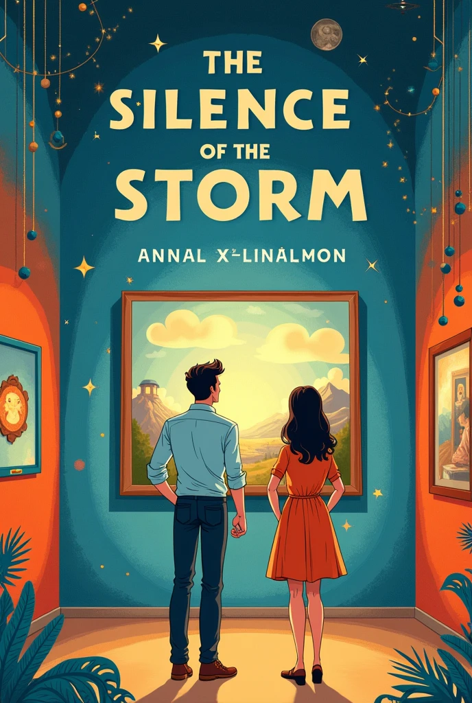 I need a book cover with a woman and a man admiring a work of art in a museum and the cover says "The Silence of the Storm". I don't want something too realistic, I want something more cartoonish.