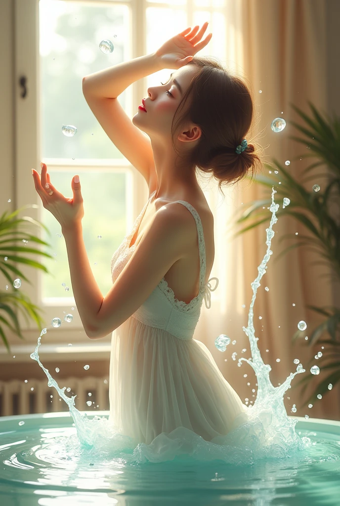 The woman was drinking water and it spilled