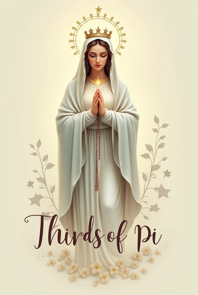 Virgin Mary praying the rosary, with a crown of stars on his head. Use soft, light color palettes to maintain a sense of tranquility and purity.. Incorporate symbols such as the cross or rosary beads in a subtle way to reinforce the Marian theme.. Keep the design simple and elegant to ensure the logo is easily recognizable and memorable.. Write "thirds of Pi" in elegant cursive writing