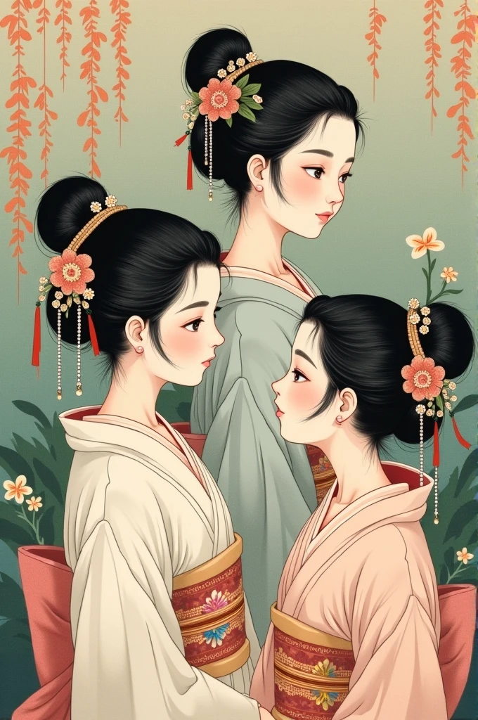 4 varying hairstyles and faces beautiful young shrine maidens from heian period