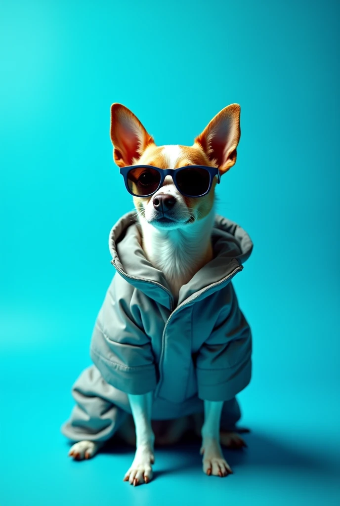 The best cell phone wallpaper, Award-Winning Wallpaper, portrait photography, In the front view is a portrait of a cute dog wearing mid-1960s space age fashion, Side view photo, Shot with Canon EOS R5, Set a strong contrast that accentuates the subject, Fluorescent blue tone, Wearing a very modern coat and sunglasses is a modern 1960s style, Clothes all in one color, beautiful background