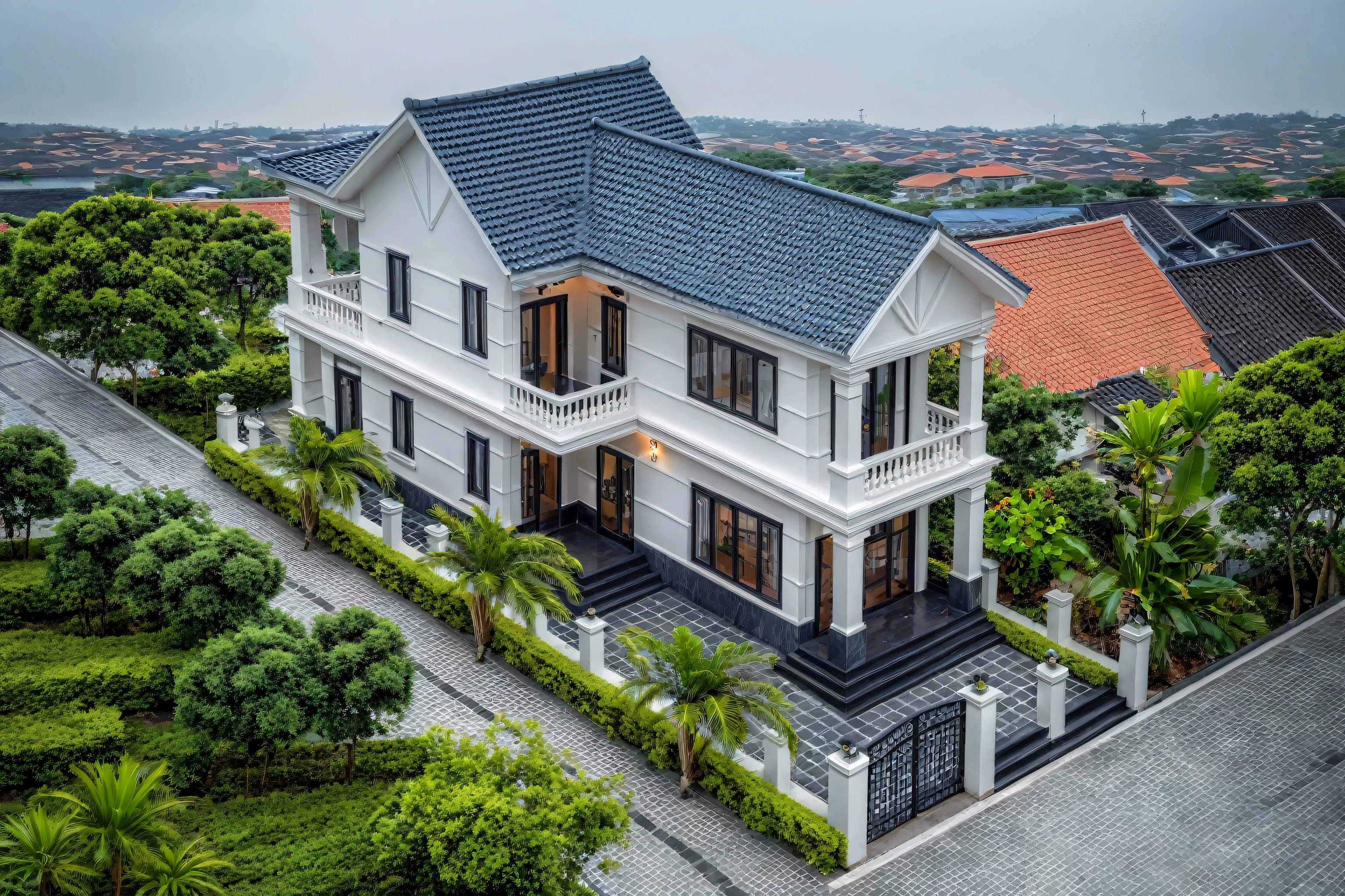 (bright image), A double story modern style house in the middle of Vietnam, (dark grnite tiled wall),(classic detail), simple and elegant architecture with white walls on top half and grey tiles roof, large windows with, entrance door is white with arched shape, bonsai trees, wide tile stone courtyard, professional photography, daylight, natural light, high resolution photography, (best quality, ultra realistic, masterpiece:1.15)