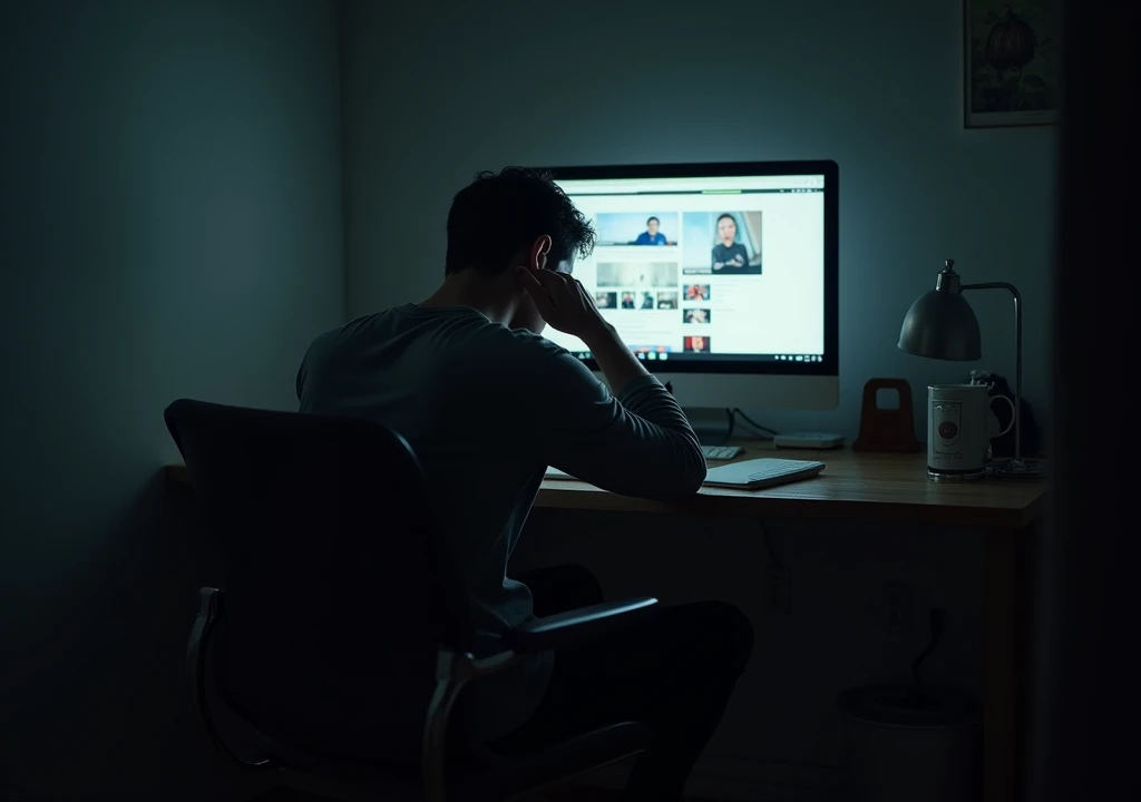 a guy sitting on a chair face down with his hand on his face at a table in a dark room with youtube open on the monitor