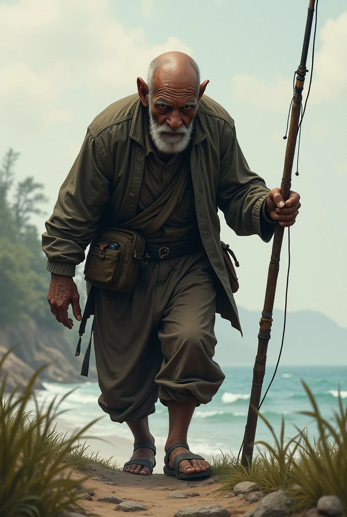 Hunchbacked old man walking with his fishing rod going fishing he has dark skin he is bald