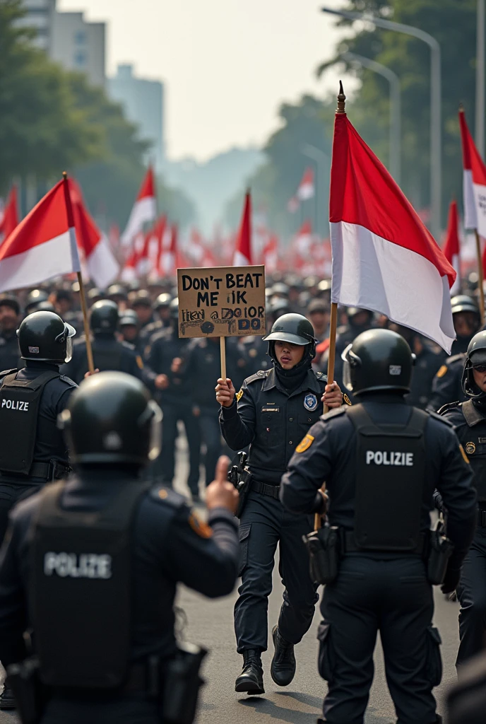 Photo of Indonesian police committing violence during large demonstration"an. The demonstrators carried red and white flags and fought against the police..
And there's a sign that says don't beat me like a dog