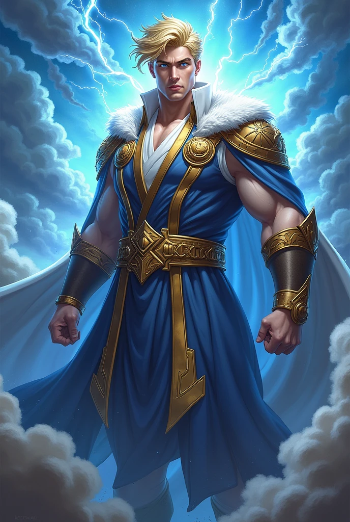 a 36 year old man, your imposing presence and your majestic beauty. Her hair is an intense golden blonde, cut short and with a touch of wave that accentuates its aura of power. His eyes are a deep, bright blue. He wears a noble-looking robe, with golden details and symbols that reflect its connection to the sky and thunder. His body is athletic, with well defined muscles, and his posture exudes confidence and authority.